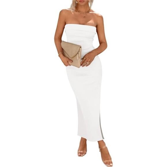 Womens Summer Strapless Bodycon Maxi Dress Ribbed Tube Slit Casual Party